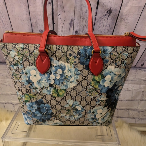 Gucci Handbags - Floral Canvas Tote Bag with Red Accents